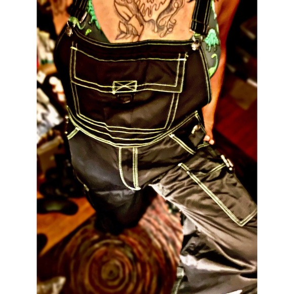SUPER RARE Vintage Macgear 90s Rave Overalls - Black With Green Stitching Unisex - Picture 1 of 15